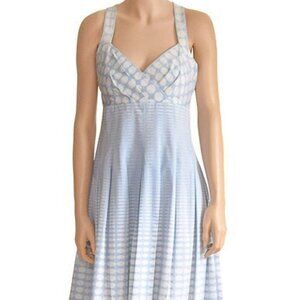 Calvin Klein Dress, white and blue, sweetheart, polkadots, mid length, Size 8